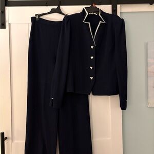 St. John Dark Blue Pantsuit with Heart Buttons